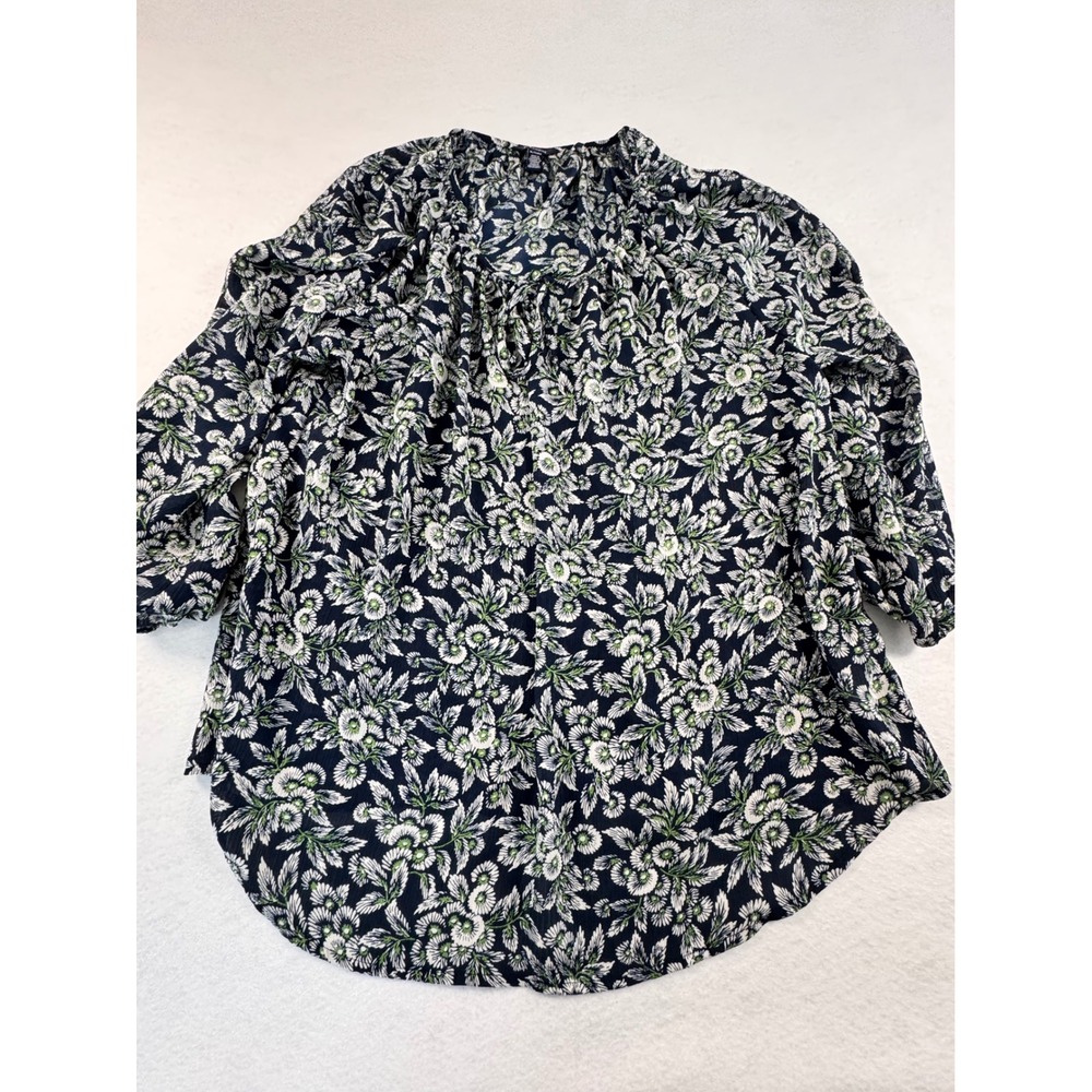 Chaps Womens XL Navy Blue White Floral‎ Split Neck Tie 3/4 Sleeve Peasant Blouse